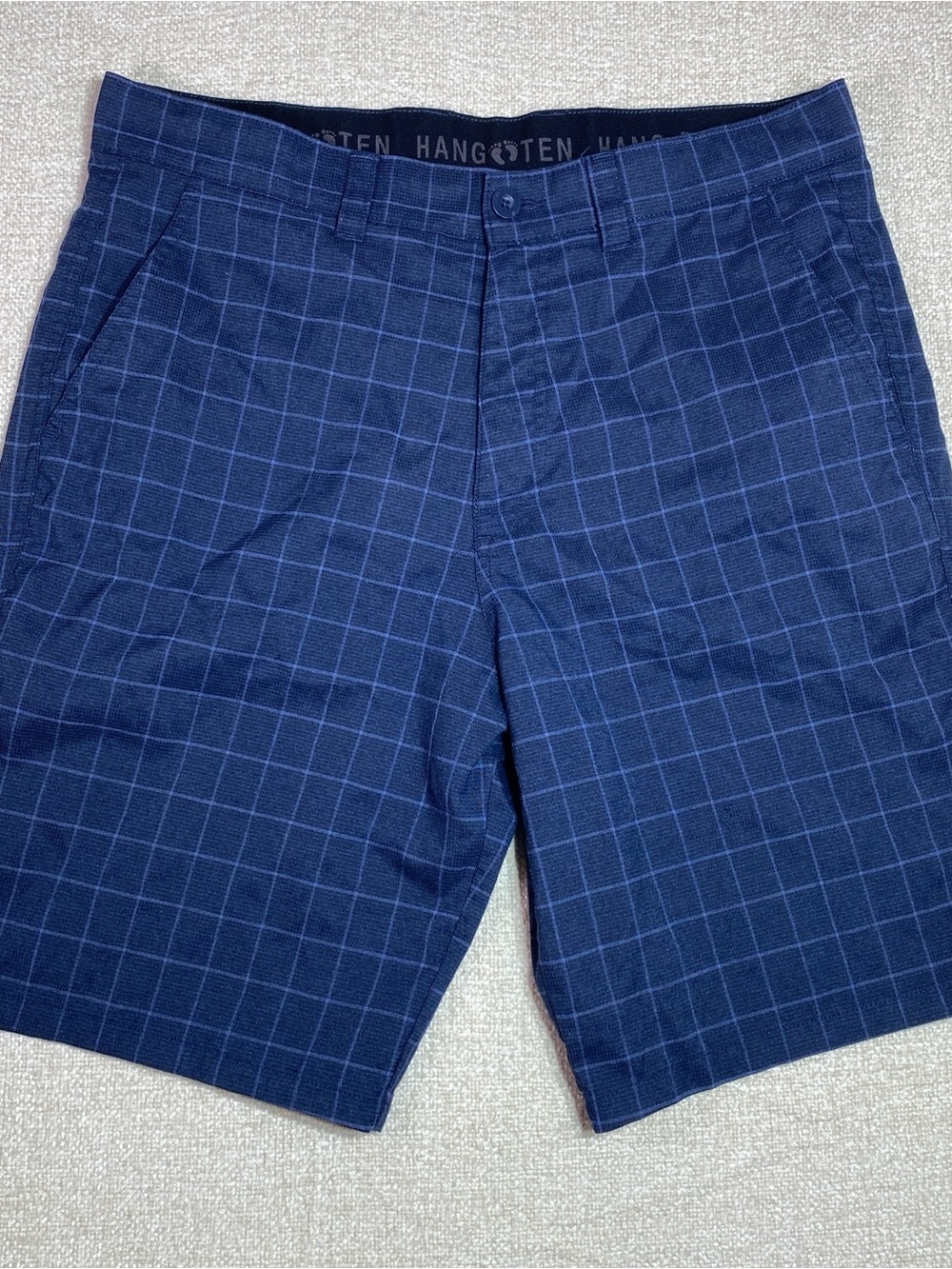Hang Ten Men's Blue Plaid Hybrid Stretch Shorts 34 Golf Casual Summer Walk